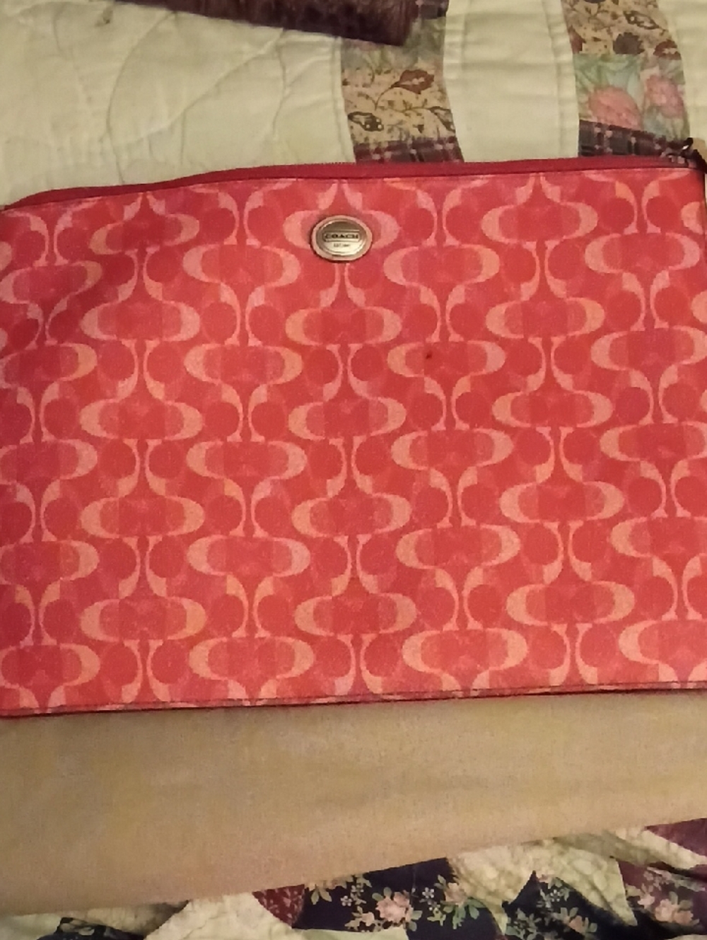 Coach Coral Pink Signature Jacquard Zip Pouch